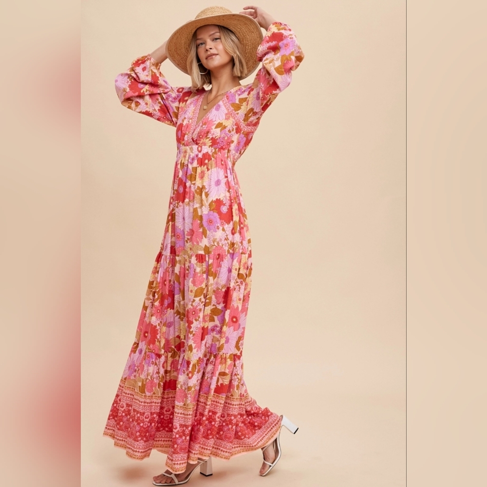 Pink floral 🌸 tiered maxi dress